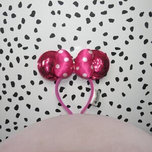 Disney Parks Hot Pink Sequin Polka Dot Bow Minnie Mouse Ears Headband